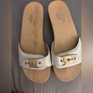 Dr. Scholl's White Leather Slide Sandals with Gold Hardware